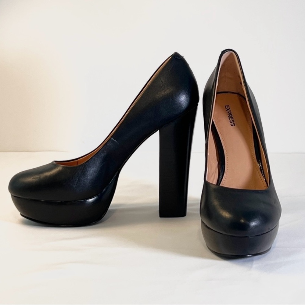 Y2K Vintage Express Black Leather Stacked Block High Heel Platform Pumps sz 7.5